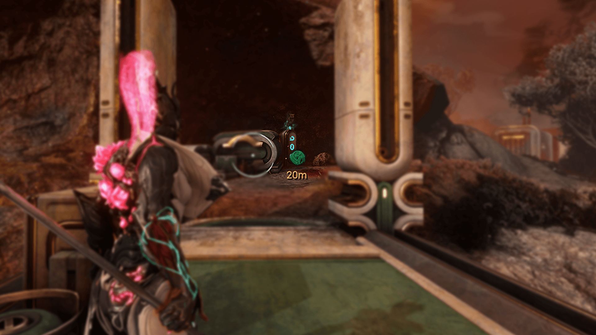 Duviri'de bir Enigma bulmacası için hedef işaretçisine bakan bir Warframe ekran görüntüsü. Vurgulanan yeşil simge, Warframe'in şu anda bulmacadan 20 metre uzakta olduğunu gösteriyor.
