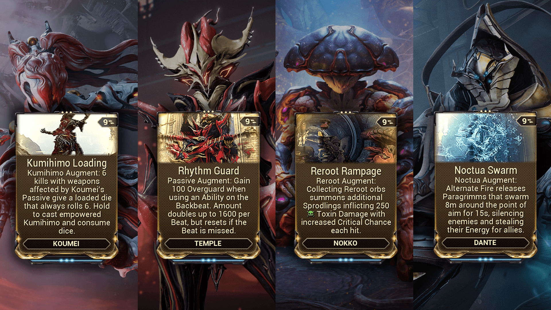 Maksimum seviyedeki dört Geliştirme Modunun birleşik görüntüsü. Soldan sağa: Kumihimo Loading (Koumei), Rhythm Guard (Temple), Reroot Rampage (Nokko) ve Noctua Swarm (Dante).