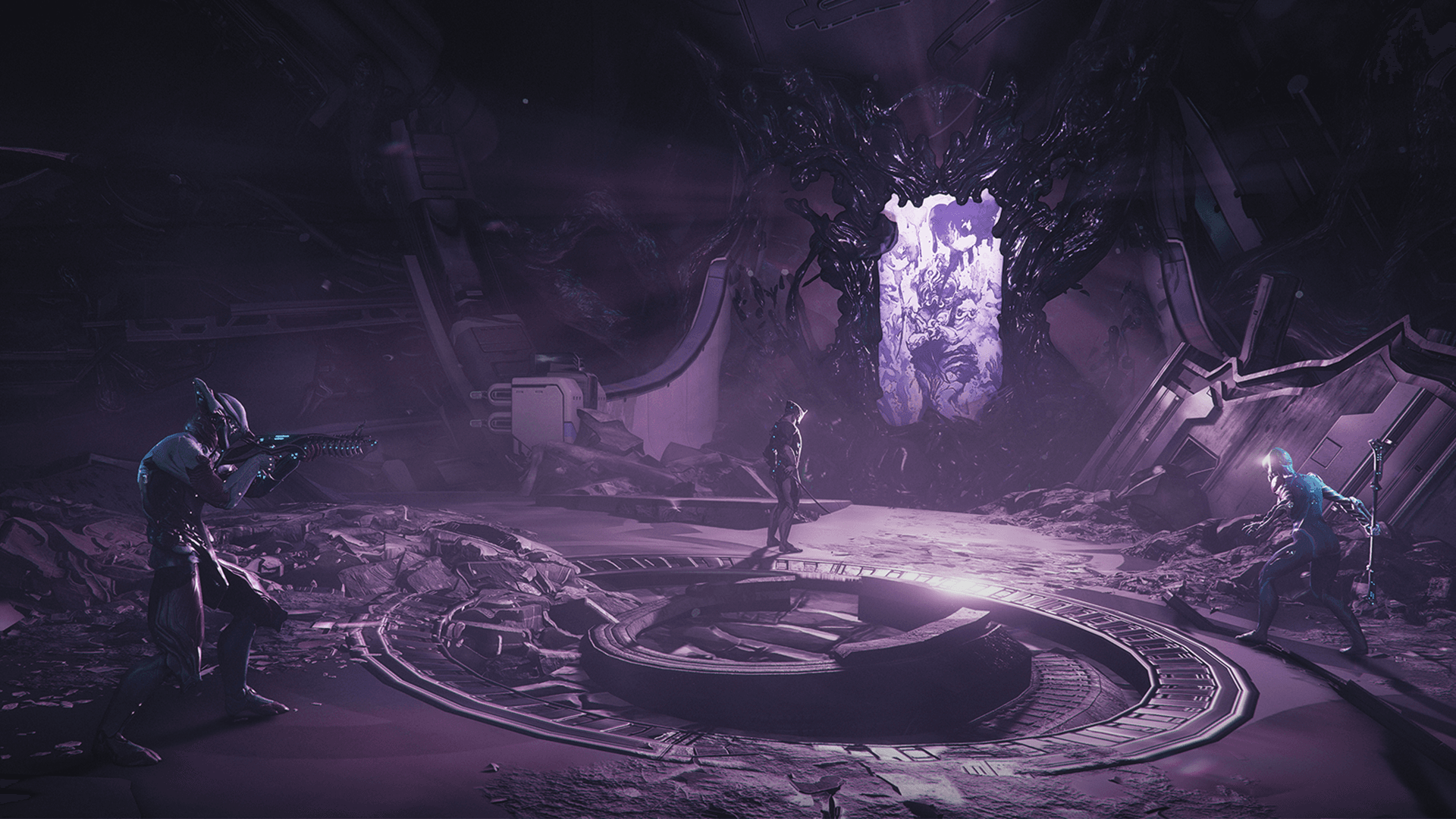 Üç Warframe, Shadowgraph'ı incelemeye hazırlanıyor. Excalibur tablonun en önünde dururken, arkasında eyleme hazır Volt ve Mag ona eşlik ediyor.