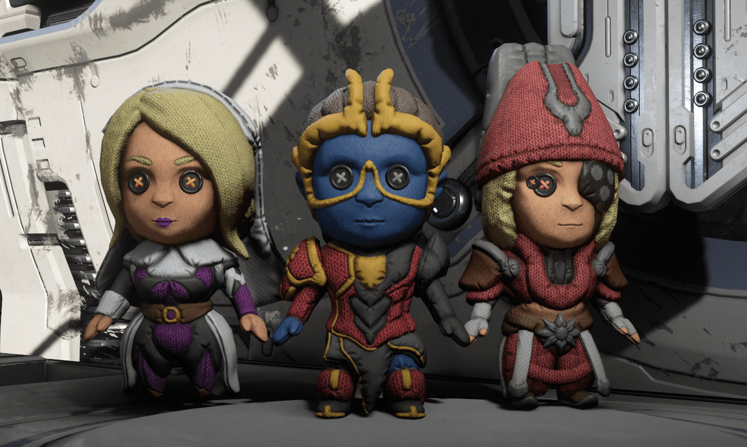 The Devil’s Traid’s Floofs stand at attention in front of the Arsenal. From left to right are Marie, Roathe, and Lyon, all in stitched perfection.