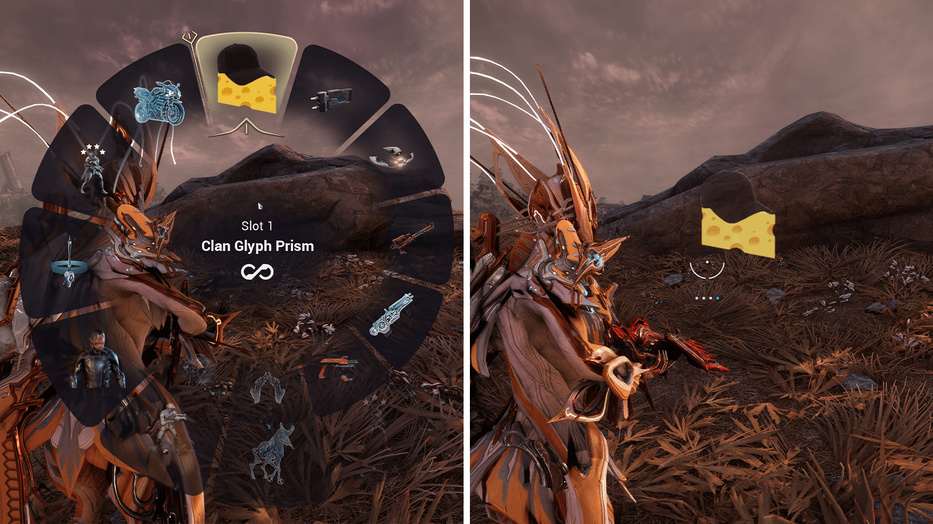 Soldaki Gear Wheel içindeki Clan Glyph Prism'ün ve sağdaki ortamda görüntülenen Glyph'nin birleşik görüntüsü.
